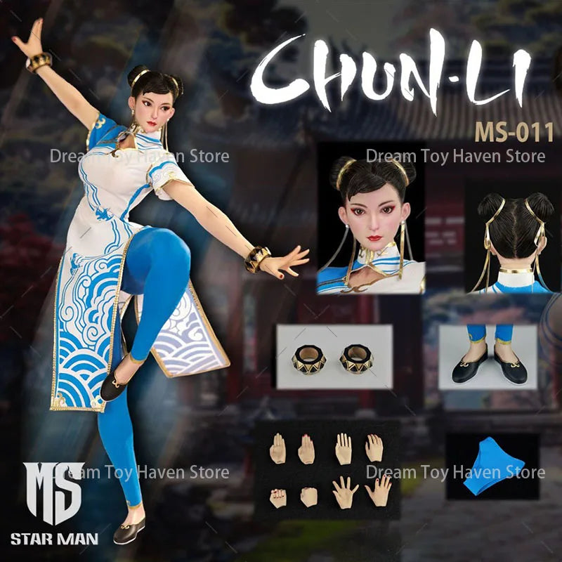 ‌STAR MAN 1/6 MS-011 Weibliche Kämpferin Chun Li Blaues Wolkenmuster Weißes Cheongsam Edition‌ 12 Zoll Actionfigur Modell