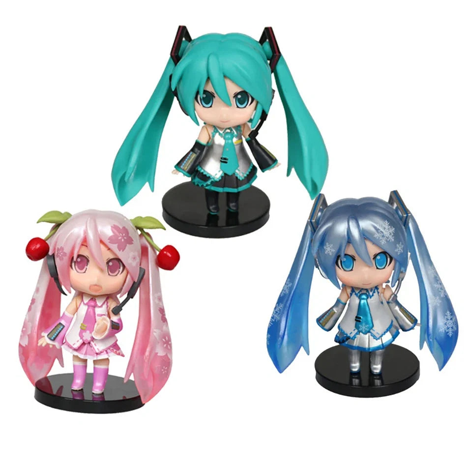 3Pcs Anime Q Version Figure Cute Girl Mini Ornaments Kawaii Pink Green Hatsune Home Desk Decoration Adult Toys Kid Birthday Gift