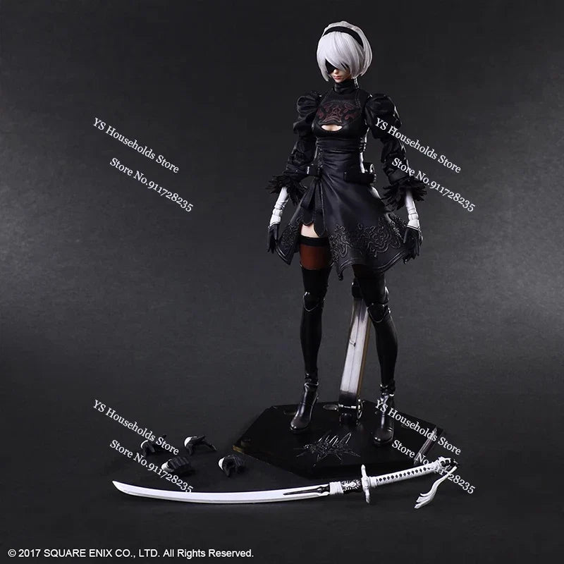 PLAY ARTS Original 1/6  Nier White Hair Movable Girl Action Figure 2B Sister Mini Long Sword Weapon Decor 12" Female Soldier