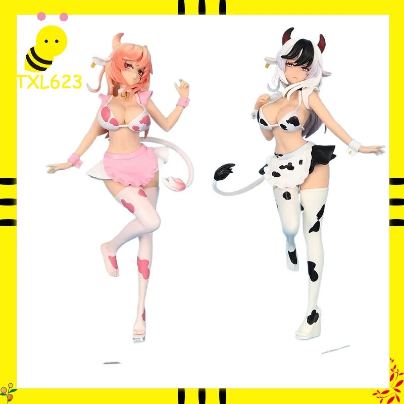 25cm Kuhmädchen Cartoon Figur Schwarz Pink Design Anime Statue Desktop Deko Sammlung Modell Spielzeug Geschenk