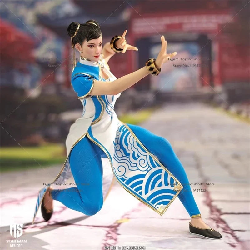 STAR MAN MS-011 1/6 Chun Li Cloth Action Figure Blue White Cloud Print Cheongsam Design 12" Female Fighter Soldier Model