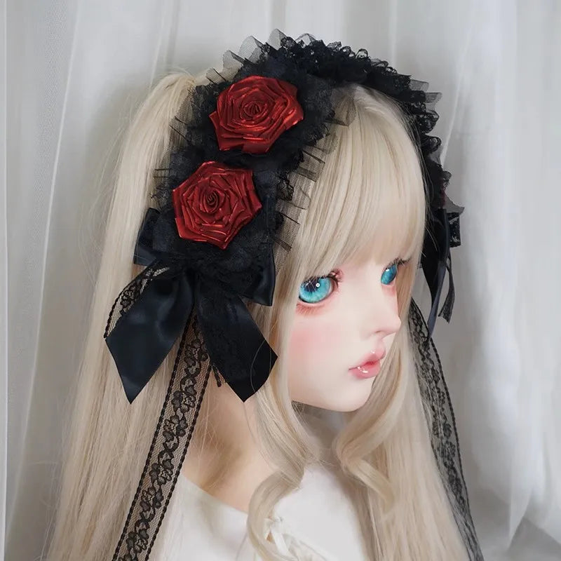 Handmade Rose Girl Lace Bow Dark Headpiece Gothic Bride Scorched Edge Rose Flower Headband Halloween lolita Doll Hair Accessory