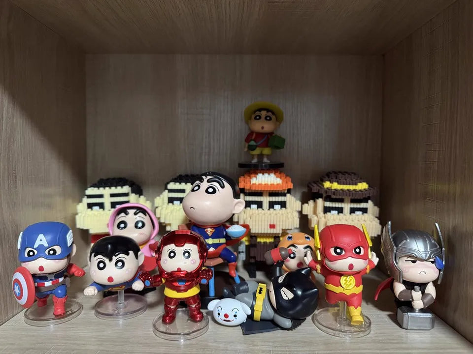 6pcs/set Anime Crayon Shin-chan Cos Captain America Iron Man q-version Action Figure PVC Model Toys Desk Decor Collectible Gifts