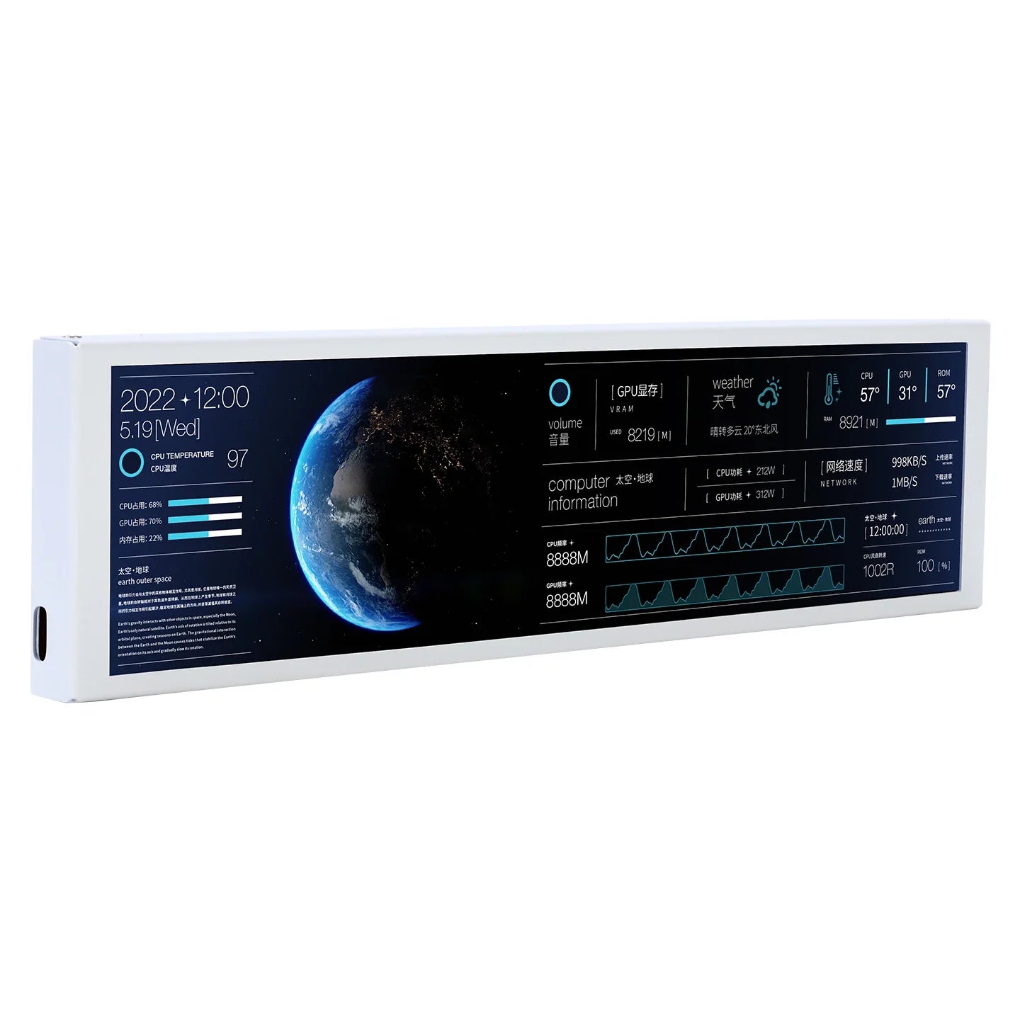 TURZX 9.2 Inch USB Secondary Screen for Computer Chassis 1920*462 IPS LCD Type-C Display CPU RAM GPU HDD FPS Weather Monitor